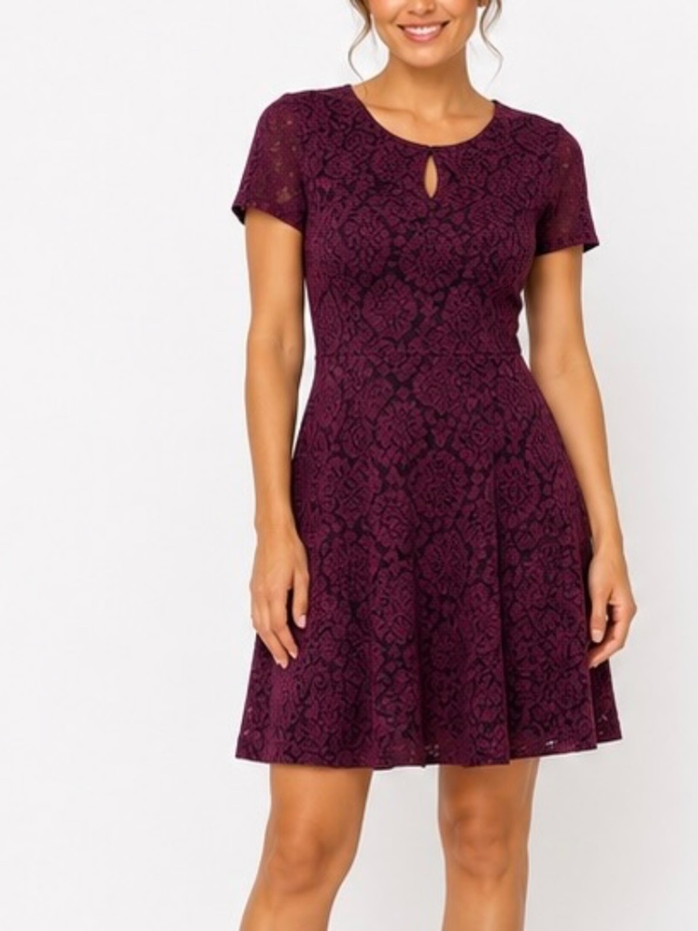 London Style 14P Burgundy Lace Textured Fit & Flare Dress Petite